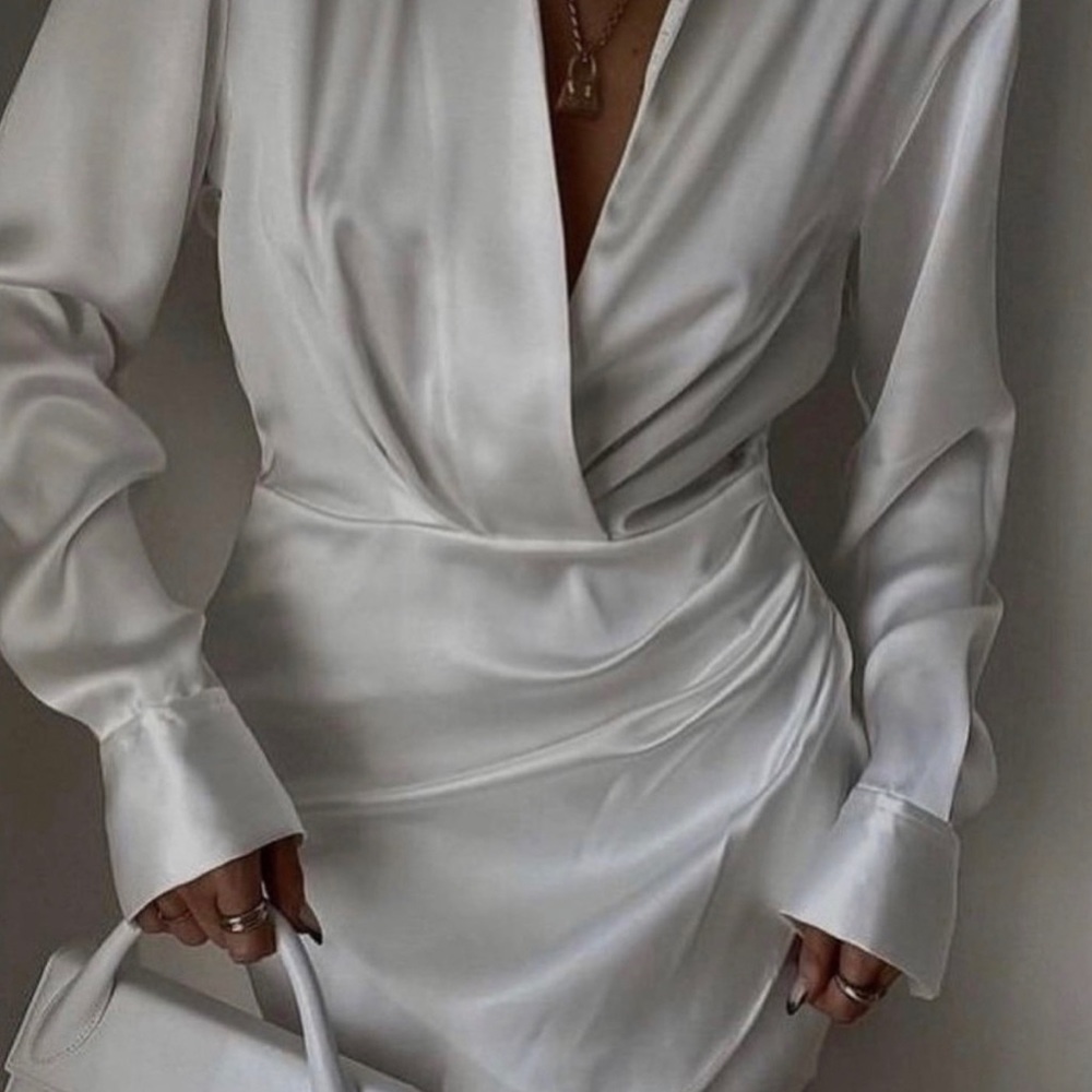 Zara White Wrap Front Satin Effect Dress